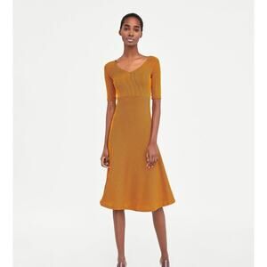 Zara WB Collection Knit 3/5 Sleeve Stripped Midi Stretch Dress S Orange Black